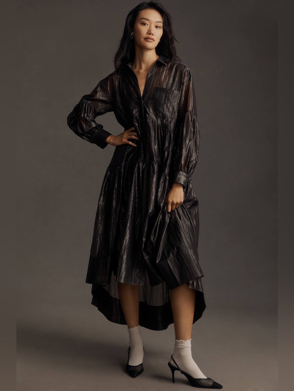 Anthropologie Pilcro Long-Sleeve V-Neck Metallic High-Low Dress Black XXS Petite